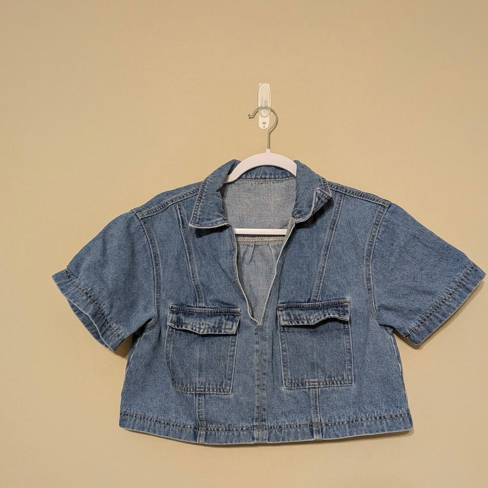Y2K Boxy Cropped Denim Vintage Style Streetwear Jean Top With Pockets